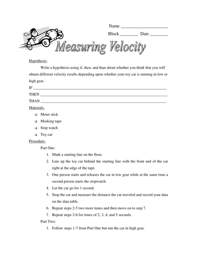 Toy Car Velocity Lab | Teaching Resources