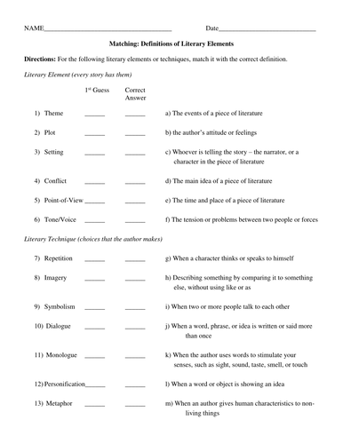 Literary Elements/techniques Worksheet | Teaching Resources