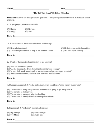 Tell Tale Heart Multiple Choice Questions | Teaching Resources