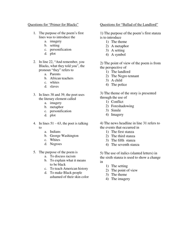 Questions Primer For Blacks Ballad Of The Landlord Teaching Resources