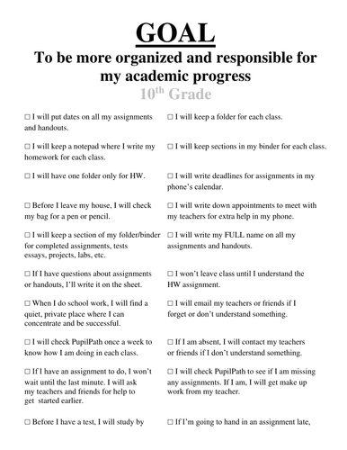 10th Grade Goals | Teaching Resources