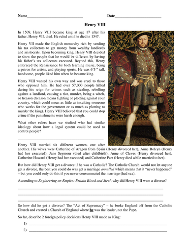 Henry VIII Worksheet | Teaching Resources