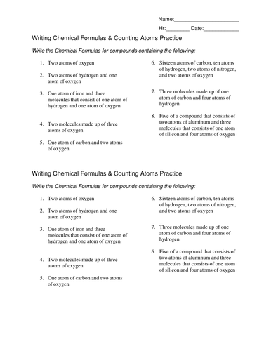 Writing Chemical Formulas and Counting Atoms wks | Teaching Resources