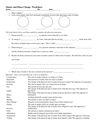 Intro To Matter Phase Change Worksheet Teaching Resources