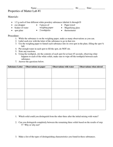 Properties of Matter Lab | Teaching Resources