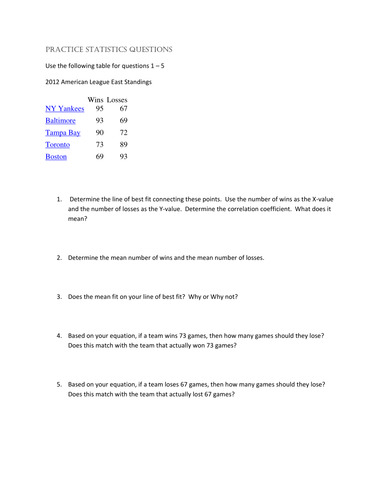 Statistics practice with baseball standings | Teaching Resources