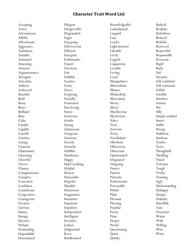 Character Trait Vocabulary List Teaching Resources
