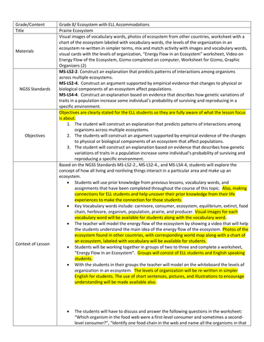 Ecosystem Lesson Plan with ELL Implementation | Teaching Resources