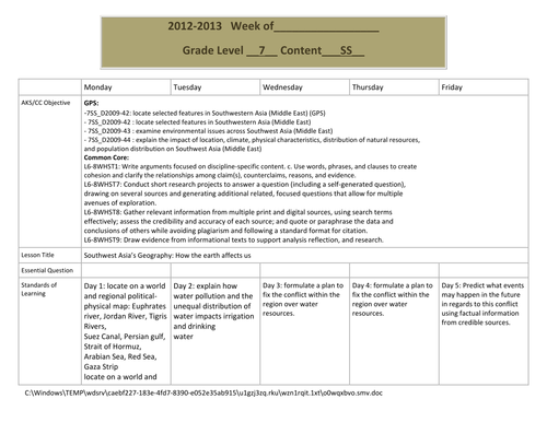 Southwest Asia S Geography Weekly Lesson Plan Teaching Resources