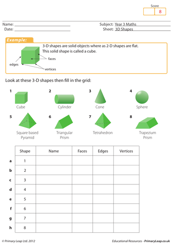 Grade 2 math worksheet - 3D Shapes