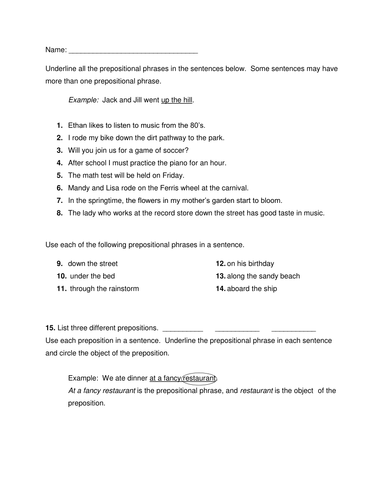 English Worksheet | Prepositional Phrases | Teaching Resources