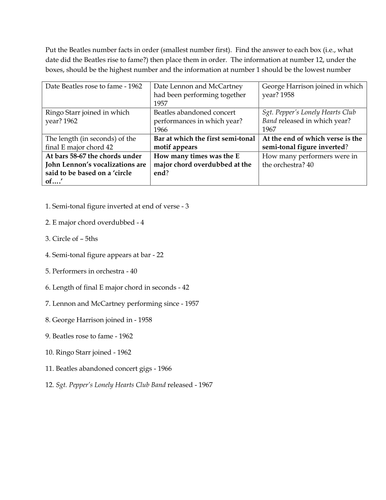 The Beatles - A Day In The Life Numbers Activity