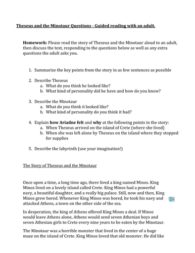 Comprehension on Theseus and Minotaur | Teaching Resources