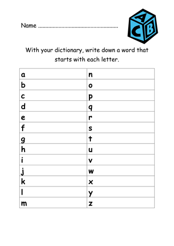 Dictionary alphabet sheet