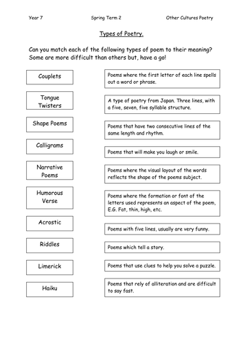 Types of Poem - Matching Exercise