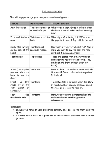 Analysis Handout for analyzing Book Covers