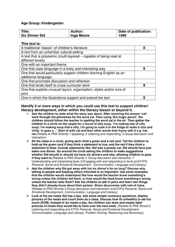 Six Dinner Sid (Literacy Lessons)