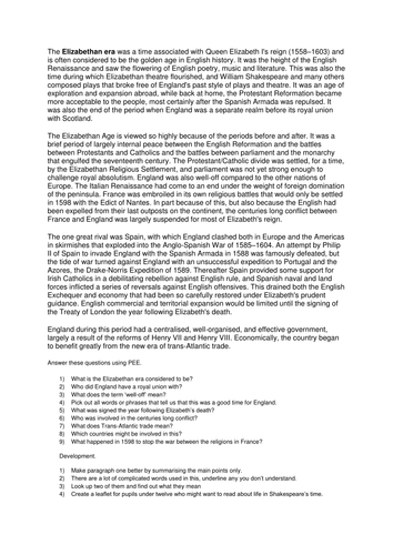 History of Elizabethan Era for Shakespeare researc