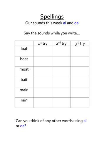Spelling sheet with link with phonics