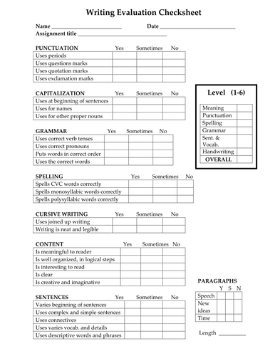 Writing Evaluation Checksheet | Teaching Resources