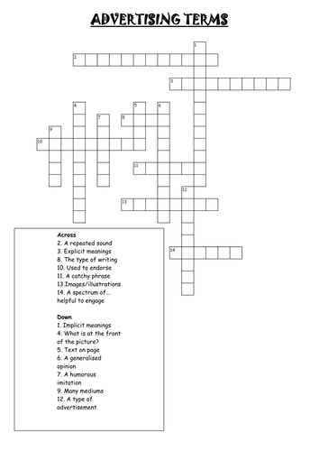 Advertising terms crossword Teaching Resources