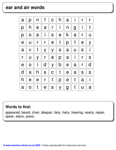 Wordsearch for the ure, air, ear words from phase 3 by ...