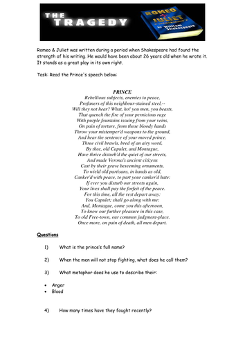 Romeo and Juliet: tasks based on Act 1 Scene 1