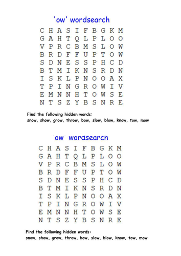 'ow' words; wordsearch | Teaching Resources
