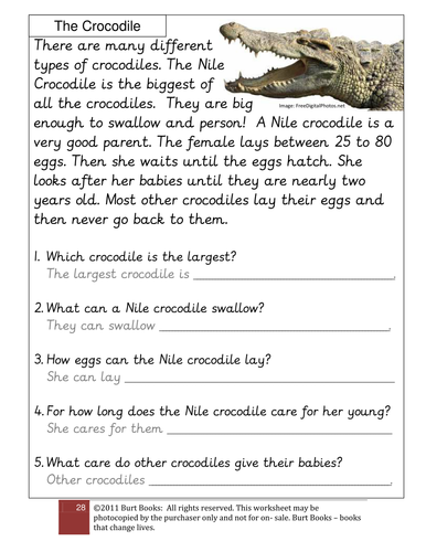 Crocodile Fact Sheet and Comprehension Questions