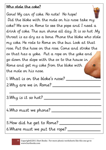 PHONICS OE split digraph STORY AND QUESTIONS