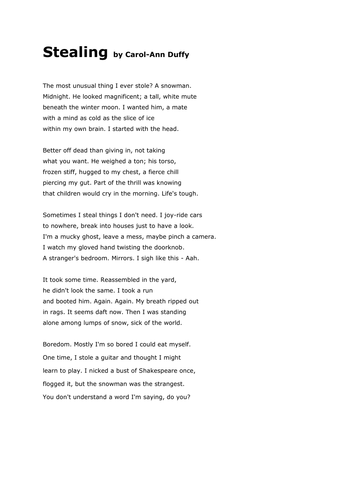 Stealing By Carol Ann Duffy Activity Teaching Resources