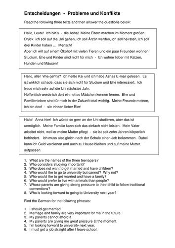 Entscheidungen reading task