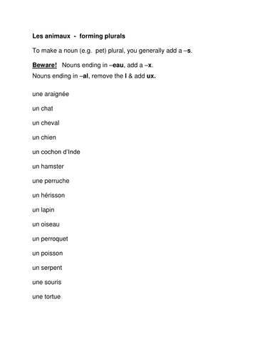 As-tu un animal? - forming plurals