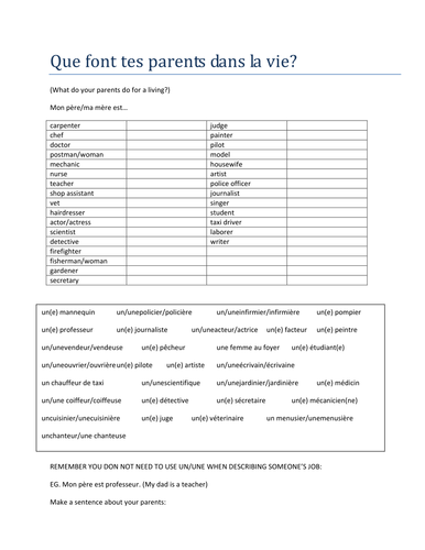 Que Font Tes Parents Dans La Vie By Chriskelly81 Teaching Resources