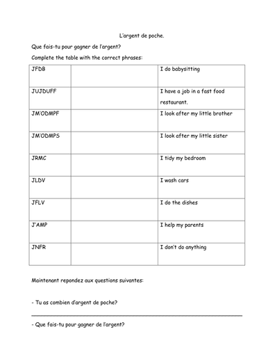 L'argent de poche - WORKSHEET: POCKET MONEY