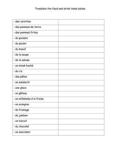 Le Déjeuner et Le Repas - VOCAB SHEET