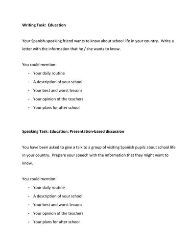 Writing and Speaking task: EDUCATION