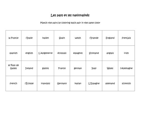 Les pays et les nationalités - match up activity
