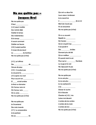 Ne me quitte pas - Jacques Brel - Worksheet