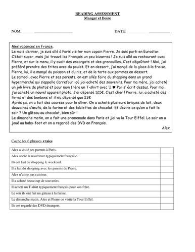 Reading assessment on food and drink