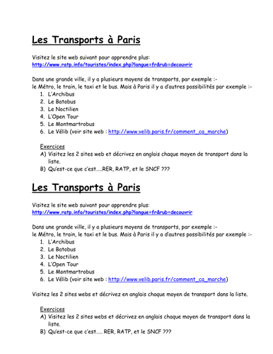 Les Transports A Paris Teaching Resources