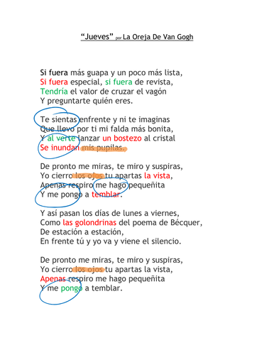 Song - 'jueves' por La Oreja de Van Gogh | Teaching Resources