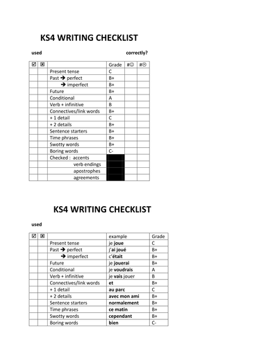 9th Grade - 12th Grade Writing checklist