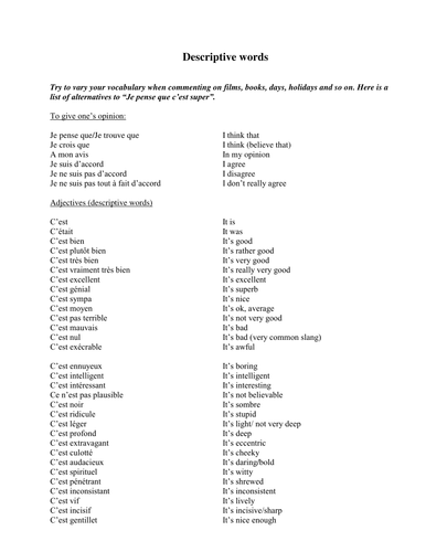 Descriptive/opinion vocabulary sheet