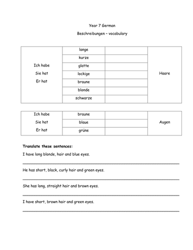 Beschreibungen - vocabulary sheet with translation