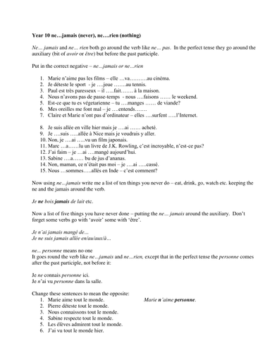 ne rien; ne jamais; ne personne