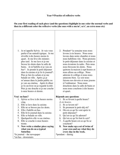 Reading:  practice of reflexive verbs