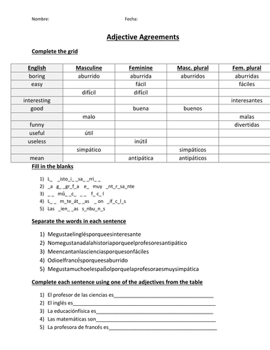 School subjects; opinions; adjective endings
