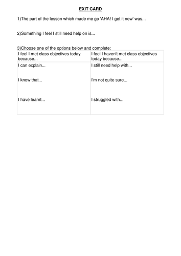 Exit card- students review their own learning