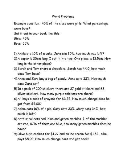 word problems involving percentages year 6